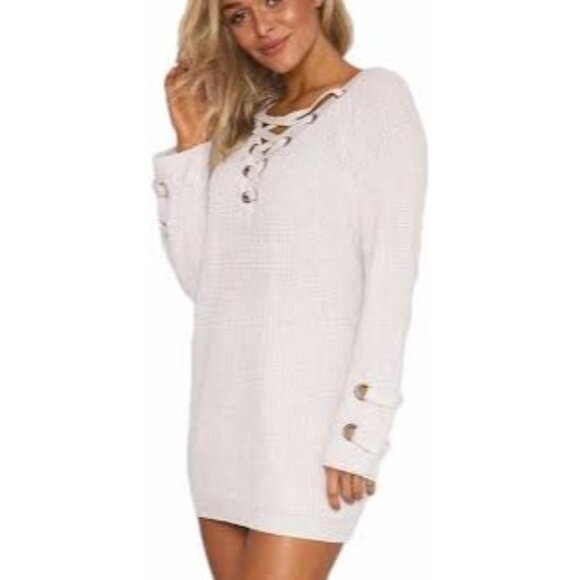 Womenś Eyelet Lace Up V Neck Knit Pullover Tunic Sweater S/M - Picture 1 of 10